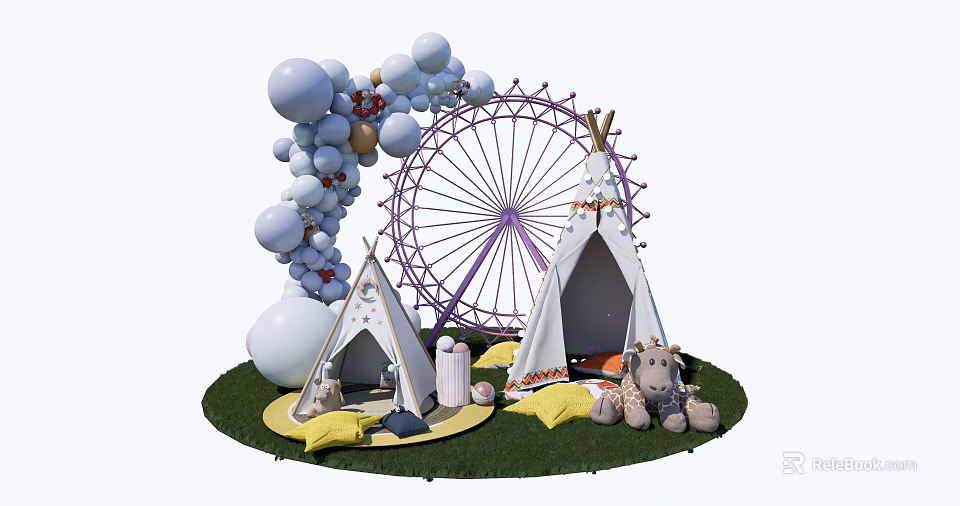 Inflatable Tents And Pink Ferris Wheel With Balloon Decorations On Grass With Stuffed Toys 3d model 