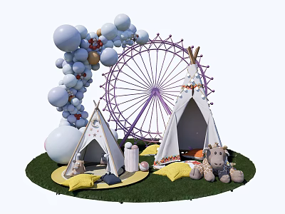 Inflatable Tents And Pink Ferris Wheel With Balloon Decorations On Grass With Stuffed Toys 3d model