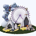 Inflatable Tents And Pink Ferris Wheel With Balloon Decorations On Grass With Stuffed Toys