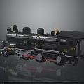 Black Steam Train Model With Yellow Details And Red Mechanical Parts On Gray Reflective Surface