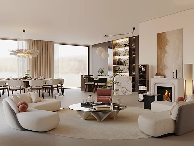 Modern Living Dining Room Interior With Sofa Coffee Table Fireplace And Chandelier 3d model
