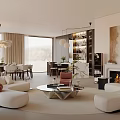 Modern Living Dining Room Interior With Sofa Coffee Table Fireplace And Chandelier