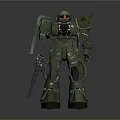 Detailed Green Mech Robot Character With Red Eye Holding Weapon And Mechanical Armor Design