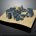 3D Architectural Model With Geometric Blue Structures And Water Elements On Sandy Base
