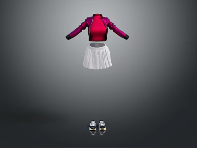 Stylish Red Long Sleeve Top With White Pleated Skirt And Casual Sneakers 3d model