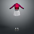 Stylish Red Long Sleeve Top With White Pleated Skirt And Casual Sneakers