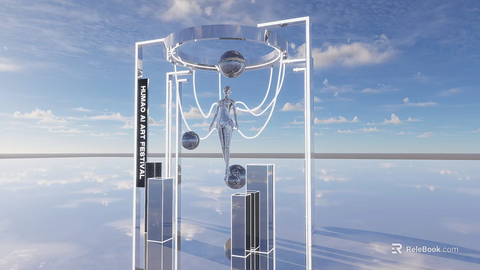 Art Installation With Metal Frame Suspended Human Figure Spheres And THINK DIFFERENTLY Text 3d model 