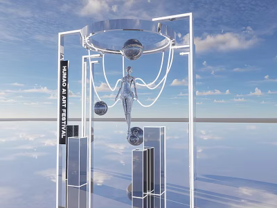 Art Installation With Metal Frame Suspended Human Figure Spheres And THINK DIFFERENTLY Text 3d model