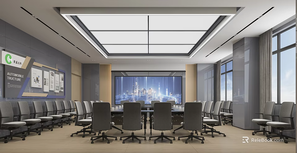 Modern Bright Corporate Conference Room With Long Meeting Table Ergonomic Chairs And Large Presentation Screen 3d model 