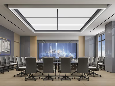 Modern Bright Corporate Conference Room With Long Meeting Table Ergonomic Chairs And Large Presentation Screen 3d model