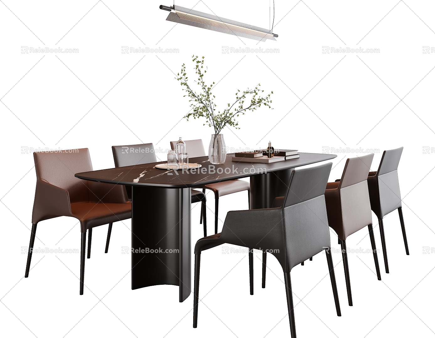 Modern Italian Dining Table and Chair Combination Leather Dining Chair Rock Plate Dining Table Sliding Chandelier Dining Table Ornaments Vase 3d model