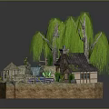 Miniature Garden Scene With Willow Trees Small House Blue Car Bridge And Waterfall