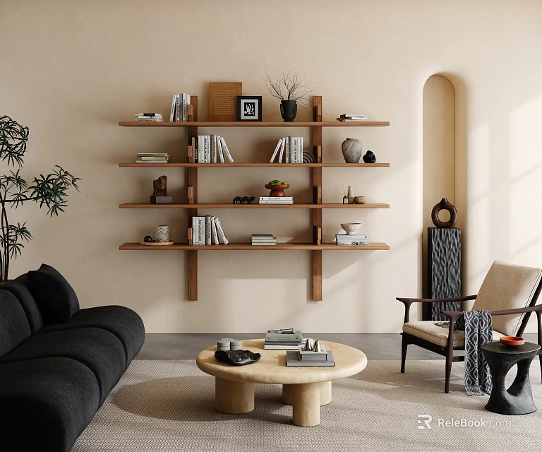 Wall Mounted Wooden Shelves in Modern Living Room With Books Decorative Items And Plants 3d model 