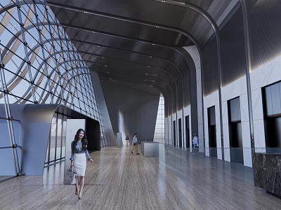 Elegant Front Desk Reception Area With Modern Lobby Glass Architecture And Marble Counter 3d model