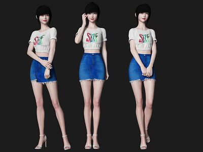 Woman In White T Shirt With Colorful SAF Lettering Blue Denim Skirt And High Heels 3d model
