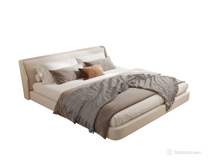 Contemporary Double Bed With Upholstered Headboard Beige Frame Multiple Pillows And Textured Blanket 3d model 