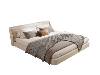 Contemporary Double Bed With Upholstered Headboard Beige Frame Multiple Pillows And Textured Blanket 3d model