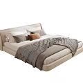 Contemporary Double Bed With Upholstered Headboard Beige Frame Multiple Pillows And Textured Blanket