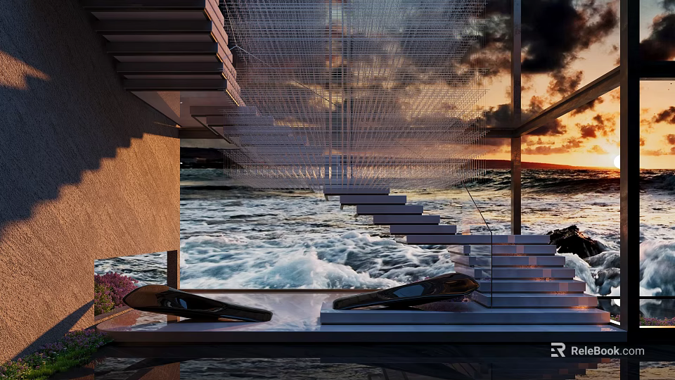 Modern Staircase Design With Glass Railings Overlooking Ocean Waves At Sunset 3d model 
