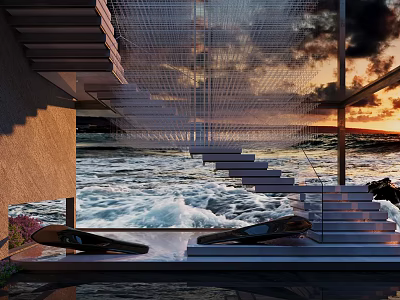 Modern Staircase Design With Glass Railings Overlooking Ocean Waves At Sunset 3d model