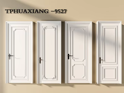 Four White Casement Doors with Decorative Panels and Black Handles on Light Wall 3d model