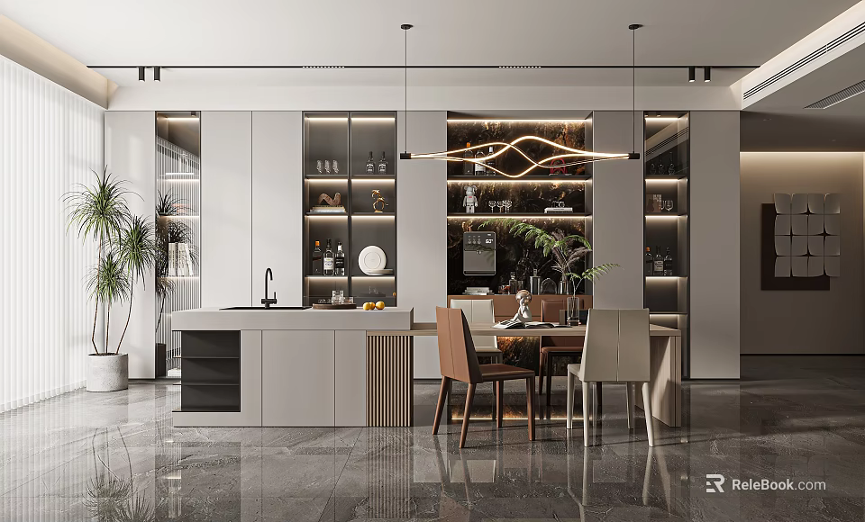 Modern Restaurant Open Concept Interior With Bar Counter Dining Table And Pendant Lights 3d model 