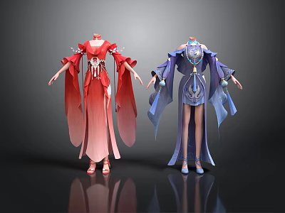 Traditional Daily Life Clothing In Red Blue With Elegant Design And Flowing Sleeves 3d model