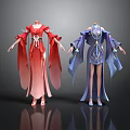 Traditional Daily Life Clothing In Red Blue With Elegant Design And Flowing Sleeves