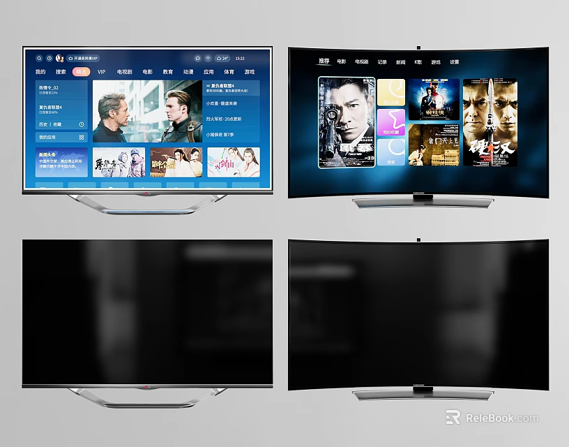 Sleek Smart TVs with Flat and Curved Screens Displaying Streaming Movies and Shows 3d model 