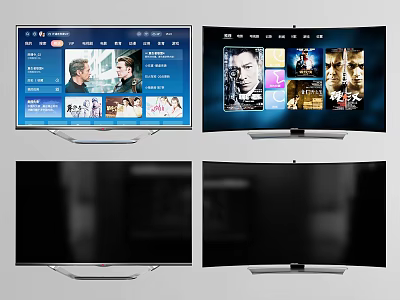 Sleek Smart TVs with Flat and Curved Screens Displaying Streaming Movies and Shows 3d model