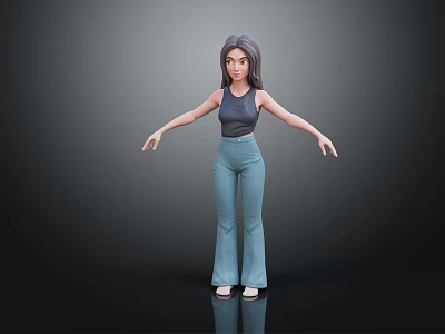 3D Woman with long black hair sleeveless light blue flared pants white shoes outstretched arms 3d model