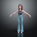 3D Woman with long black hair sleeveless light blue flared pants white shoes outstretched arms
