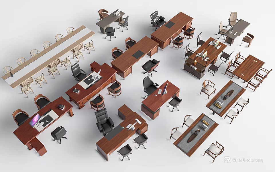 Different Styles Of Office Desks With Wooden Tops And Black Chairs 3d model 