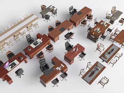 Different Styles Of Office Desks With Wooden Tops And Black Chairs 3d model