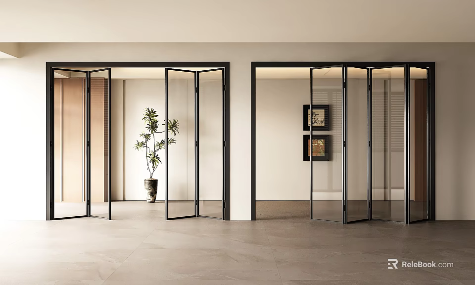 Glass Folding Doors With Black Frames In Modern Open Interior Space 3d model 