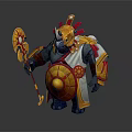Rhino Headed Fantasy Warrior Game Character In Gold Red Armor With Shield And Mace