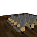 Gray Public Chairs With Wooden Armrests Neatly Arranged In Indoor Setting With Wooden Floor