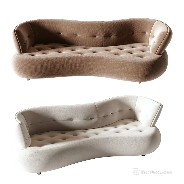 Curved Tufted Multi Person Sofa for Living Room in Beige and Brown 3d model 