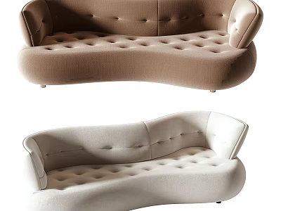 Curved Tufted Multi Person Sofa for Living Room in Beige and Brown 3d model