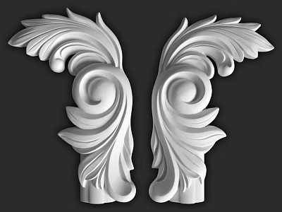 Ornate White Symmetrical Decorative Components With Carved Leaf And Scroll Patterns 3d model