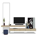 Modern Light Wood TV Stand In Living Room With TV Decorative Plants And Painting