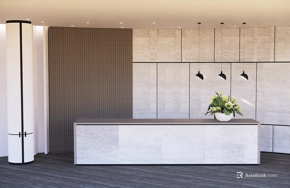 Modern Minimalist Reception Area Design With Stone Desk Tiled Wall Pendant Lights And Green Plant 3d model 