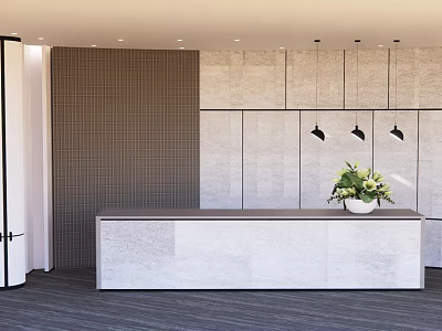 Modern Minimalist Reception Area Design With Stone Desk Tiled Wall Pendant Lights And Green Plant 3d model