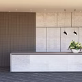 Modern Minimalist Reception Area Design With Stone Desk Tiled Wall Pendant Lights And Green Plant