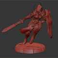3D Fantasy Warrior In Golden Armor Holding Sword With Cloak Standing On Pedestal