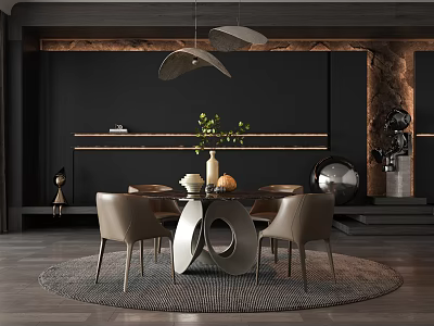 Modern Restaurant Interior With Round Dining Table Brown Chairs Pendant Lights And Decorative Plant 3d model