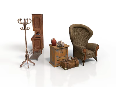 Vintage Room Interior With Wooden Furniture Armchair Coat Rack And Luggage 3d model