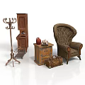 Vintage Room Interior With Wooden Furniture Armchair Coat Rack And Luggage
