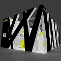 Modern Exhibition Space With Yellow Pendant Lights Chairs And Logo On White Walls