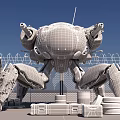Camouflage Painted Mechanical Crab Sculpture With Cannons Barbed Wire Wooden Crates Oil Drums Blue Sky